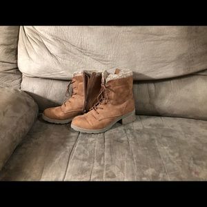Brown suede zipper boots with low heel. Size 8.